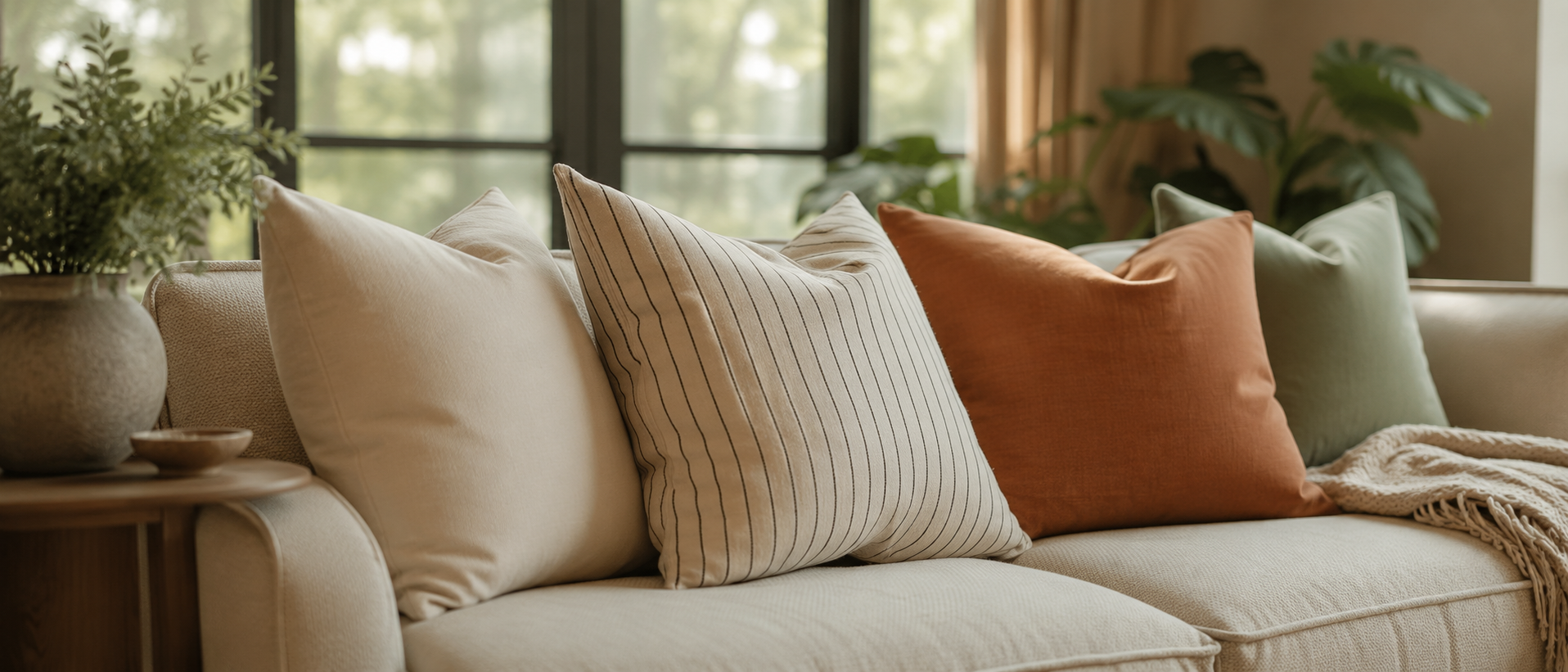 Layered textiles and cushions arranged in a comfortable interior
