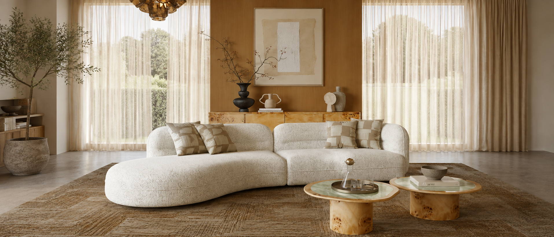 Layered home textiles arranged in a relaxed room