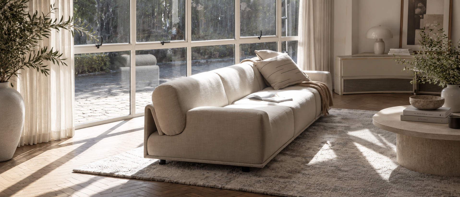 Comfortable lived-in interior with layered textiles
